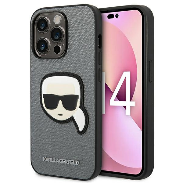 Etui KARL LAGERFELD Apple iPhone 14 Pro Saffiano Karl`s Head Patch Srebrny Hardcase
